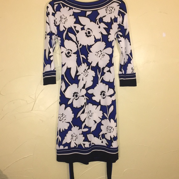 NY&CO dress floral 3/4 sleeve tie belt blue aline XS - Picture 9 of 14